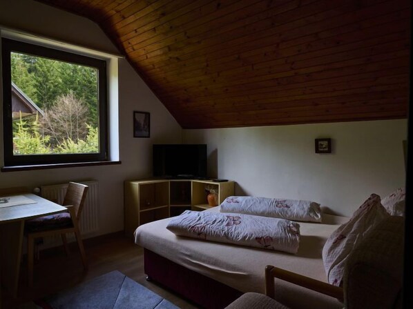 Ein gemütliches Zimmer mit Holzbalkendecke, einem großen Fenster, einem Bett, einem Fernseher und einem kleinen Tisch.