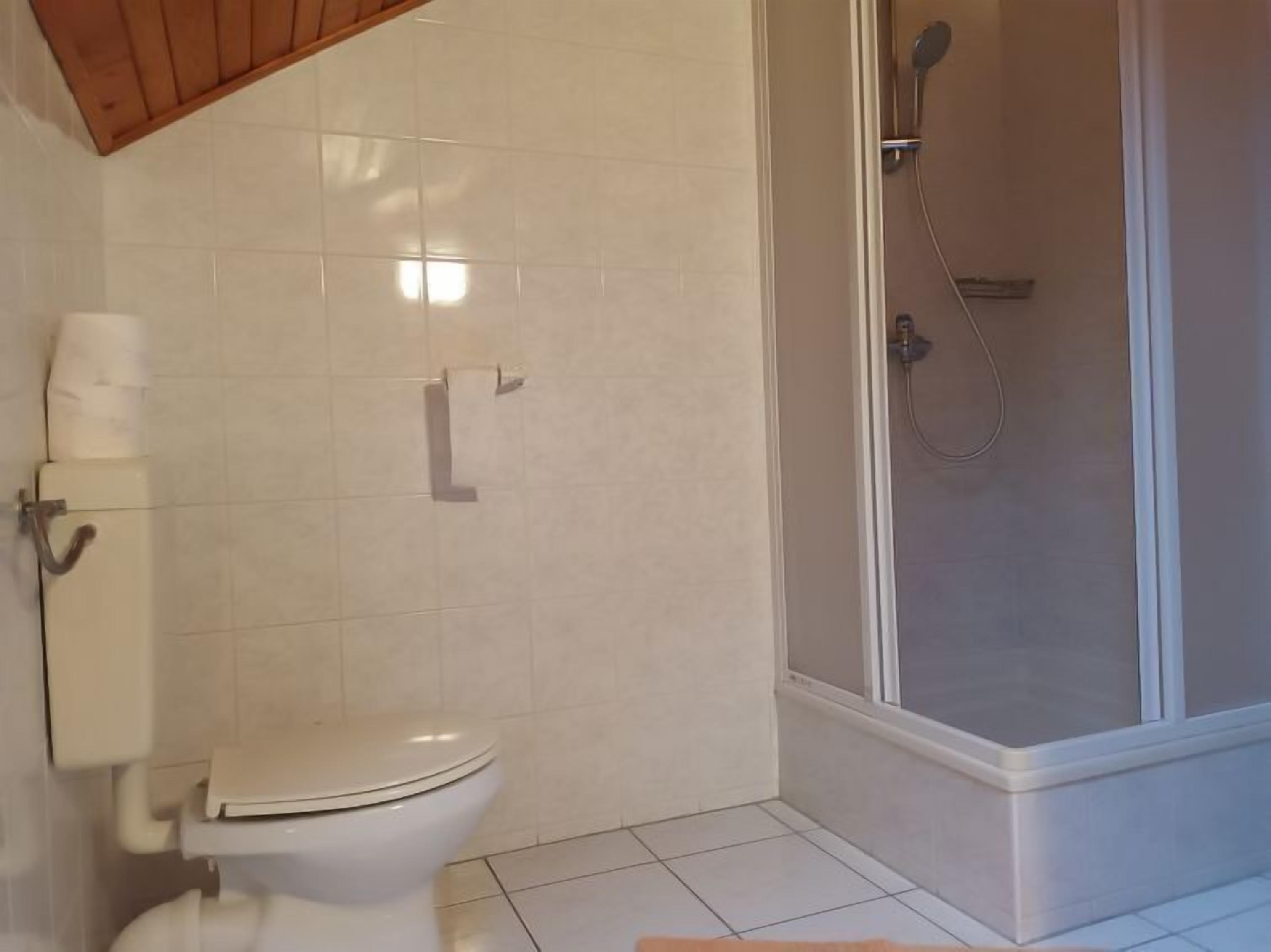 A bathroom with a toilet, a shower, and a tiled floor.