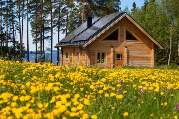Eine Holzhütte mit geneigtem Dach, umgeben von einem Feld voller gelber Blumen.