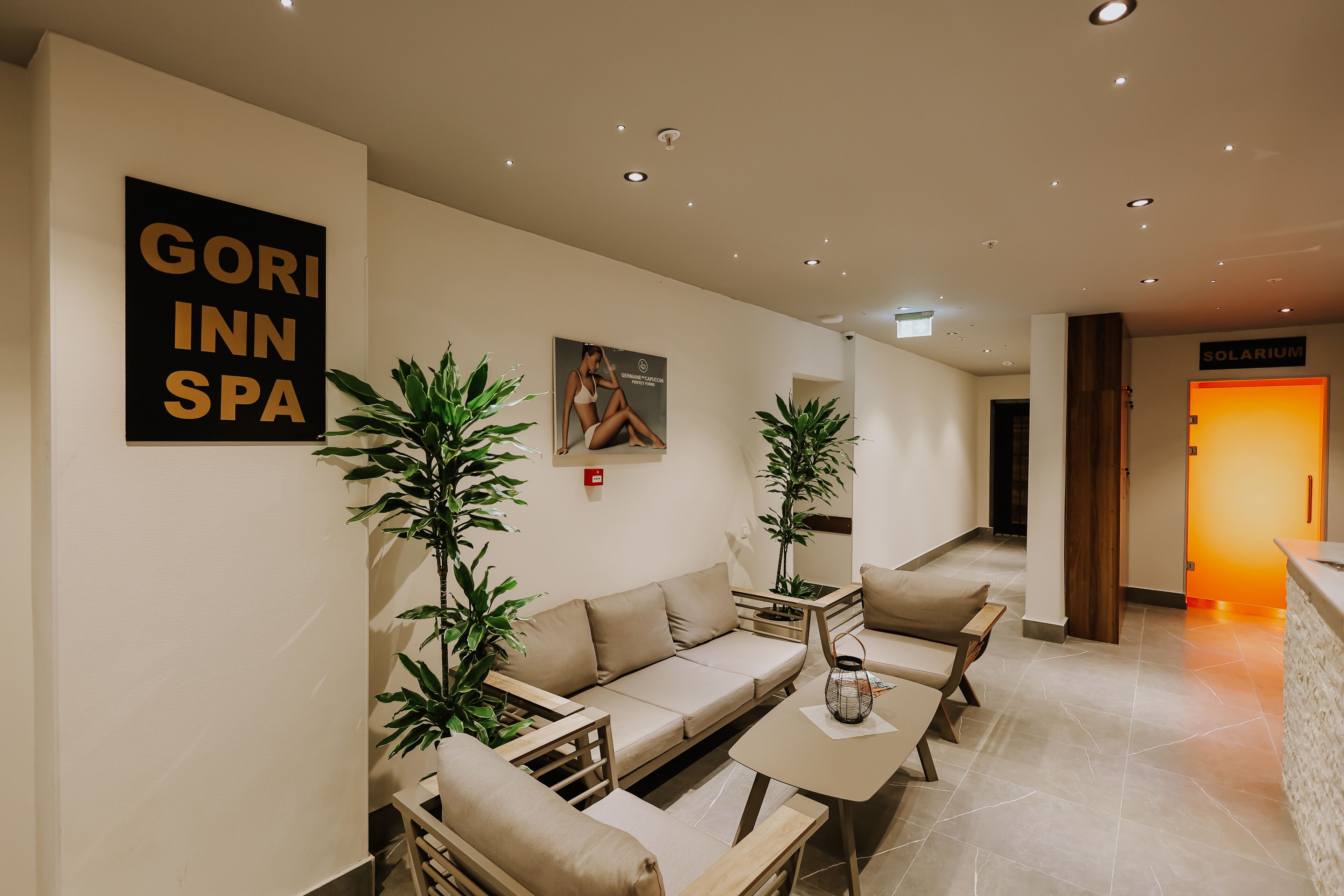 Ein moderner Wellnessbereich mit einer Couch, Sesseln und Topfpflanzen.
