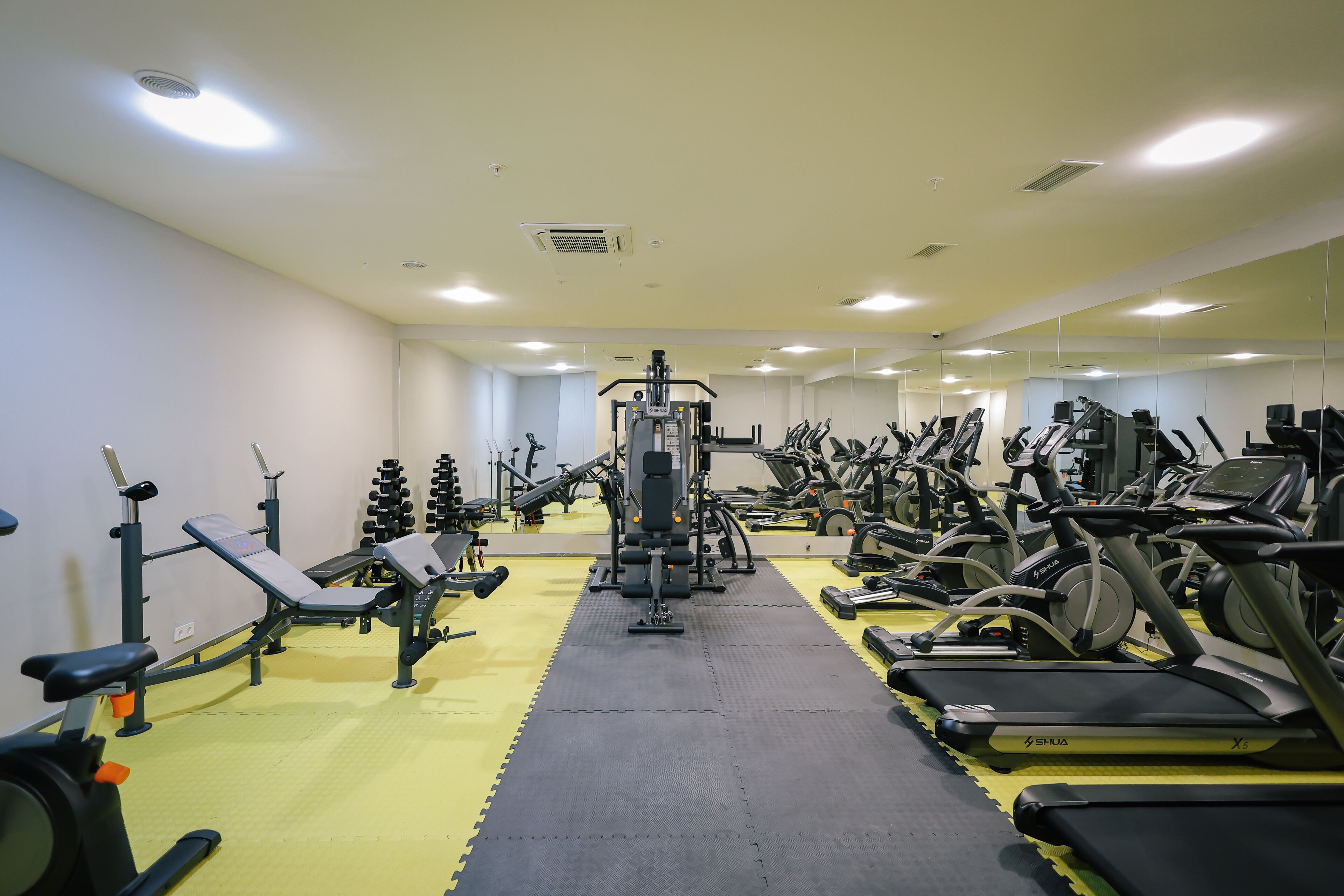 Un gimnasio con diversos equipos de ejercicio, incluyendo cintas de correr y máquinas de pesas, organizados en filas.