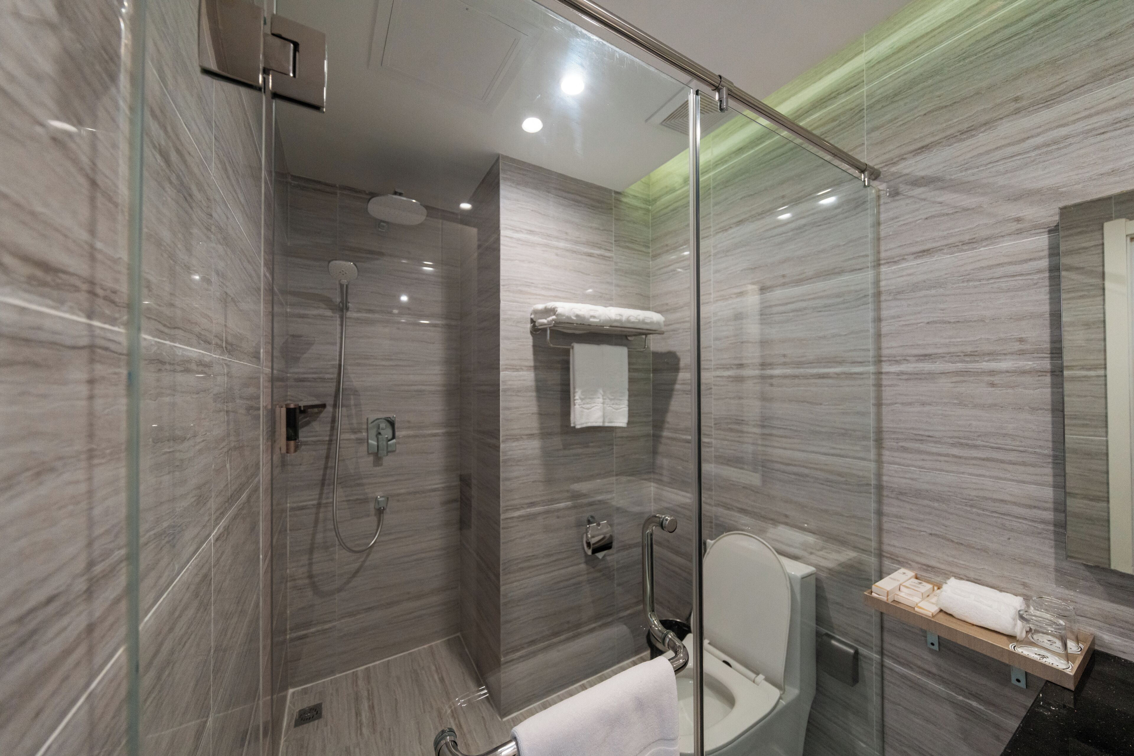 A modern bathroom with a glass-enclosed shower, a toilet, and a vanity with a towel rack.