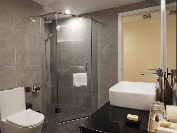 Un baño moderno con ducha de vidrio, bañera independiente y un inodoro.