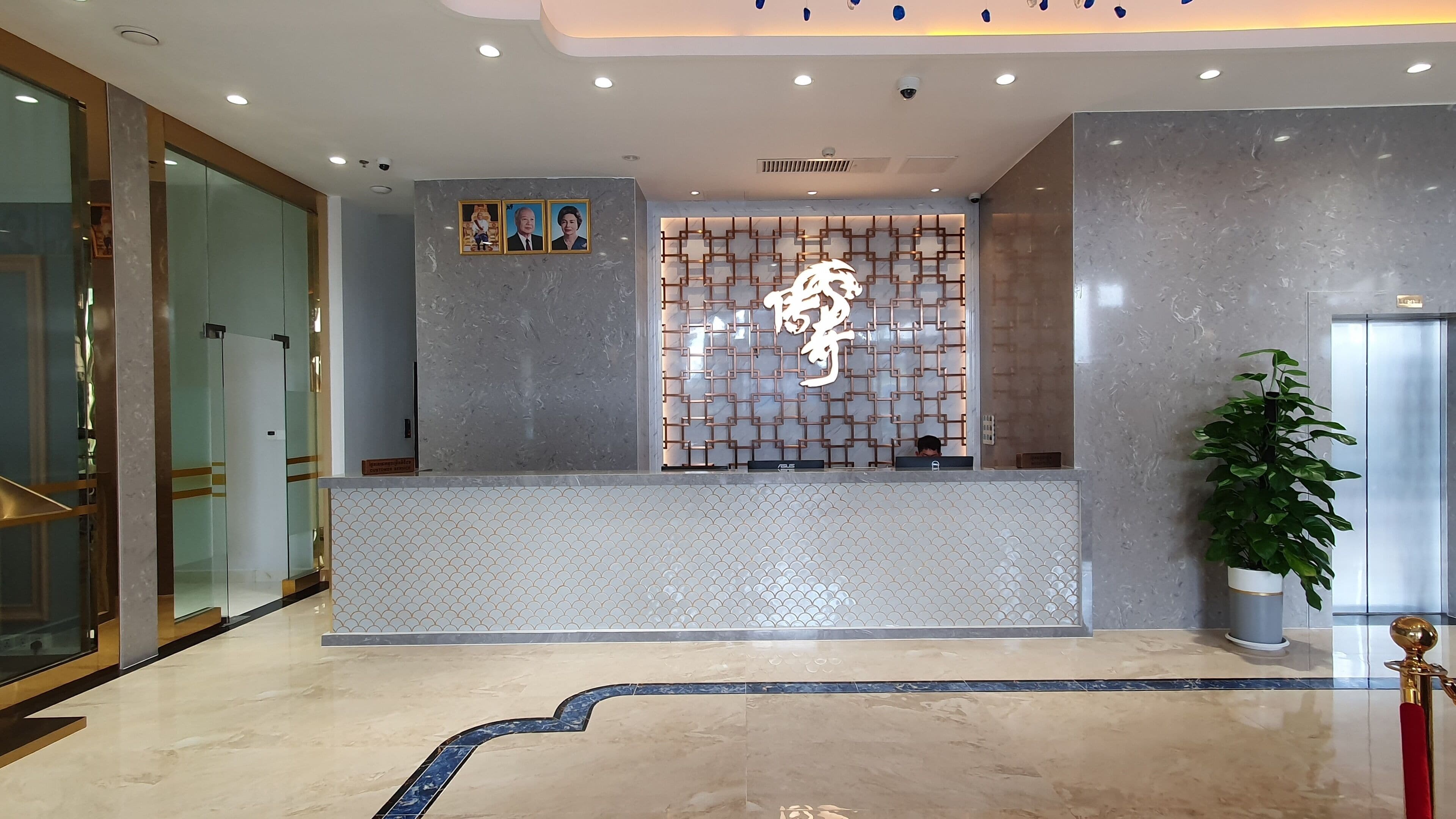 A reception area with a marble counter, a decorative wall with a geometric pattern, and a potted plant.