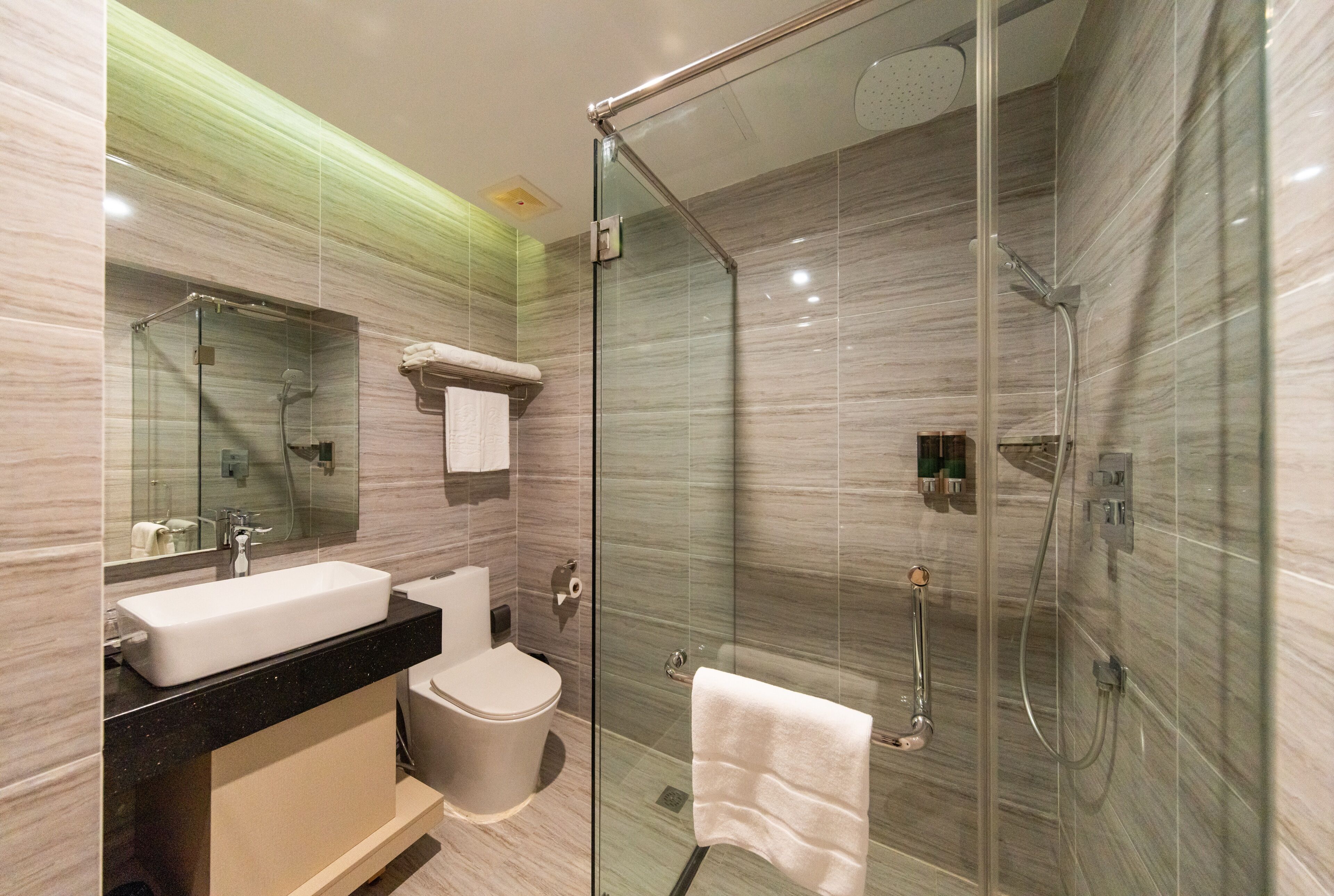 A modern bathroom with a glass-enclosed shower, a white sink, and a toilet.