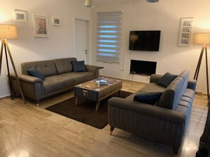 Flachbildfernseher, Kamin, Bücher