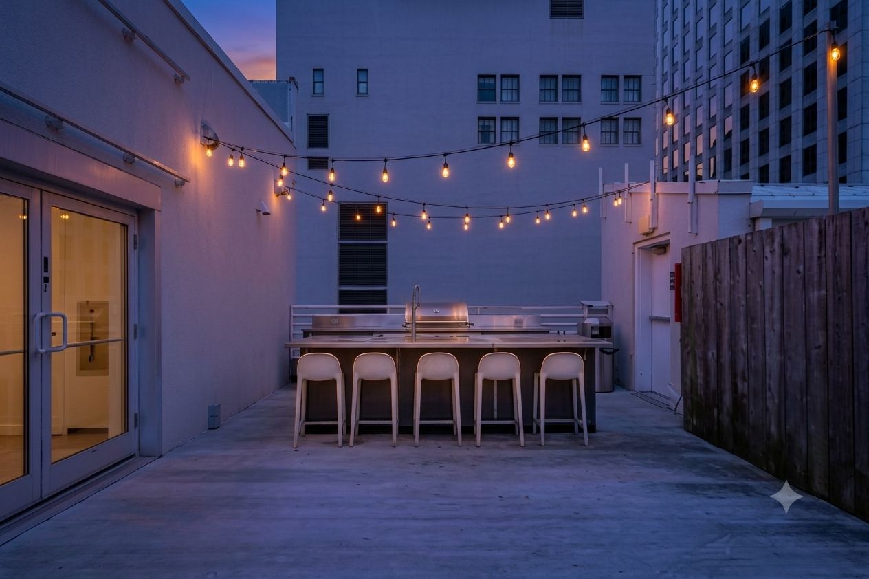 An outdoor patio with a bar and seating area, surrounded by buildings.