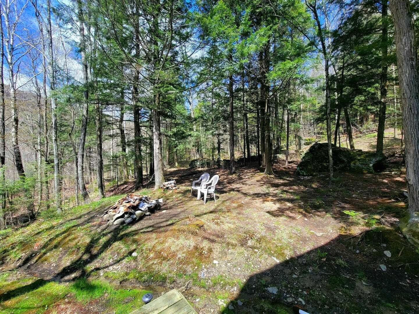 A forested area with a single white chair and a pile of firewood.