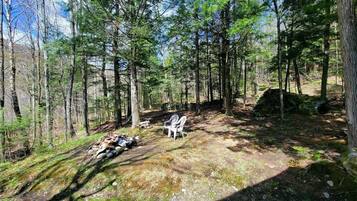 A forested area with a single white chair and a pile of firewood.