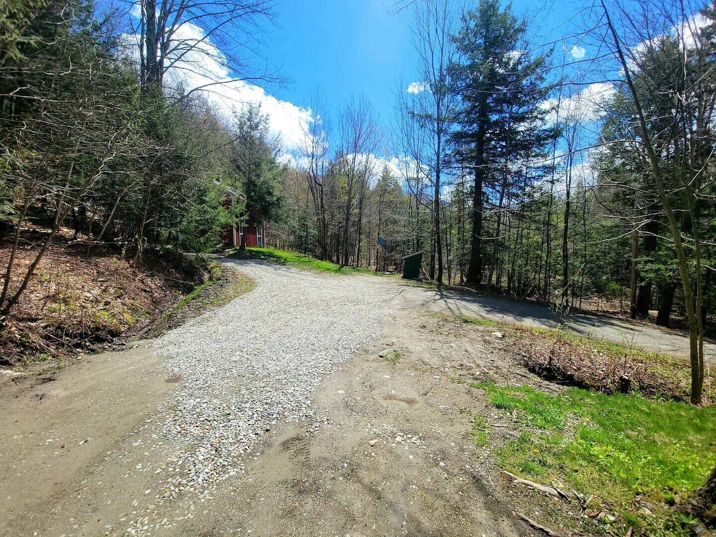 A gravel road in a wooded area with trees and a clear sky.