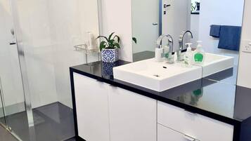 Shower, hair dryer, bidet, towels