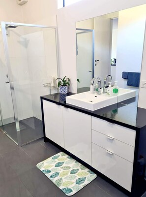 Shower, hair dryer, bidet, towels