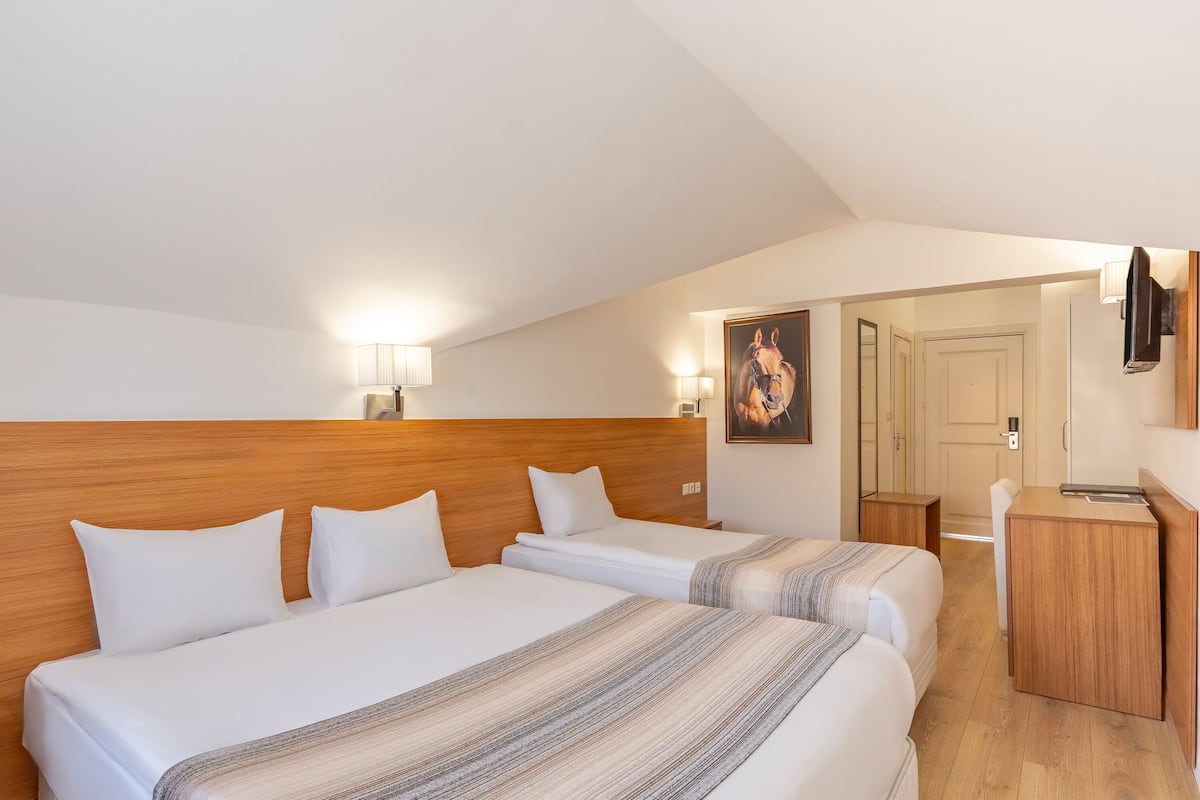 Una habitación de hotel con dos camas, cabecero de madera, lámparas de noche, un cuadro, un escritorio y un televisor.