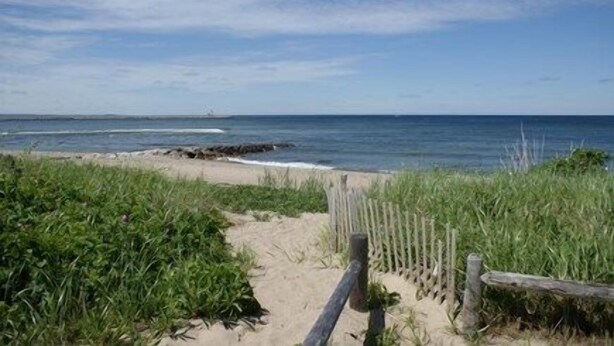 Ein Sandweg am Strand, der zum Meer führt, mit einem Holzzaun auf der rechten Seite und grüner Bepflanzung zur Linken.