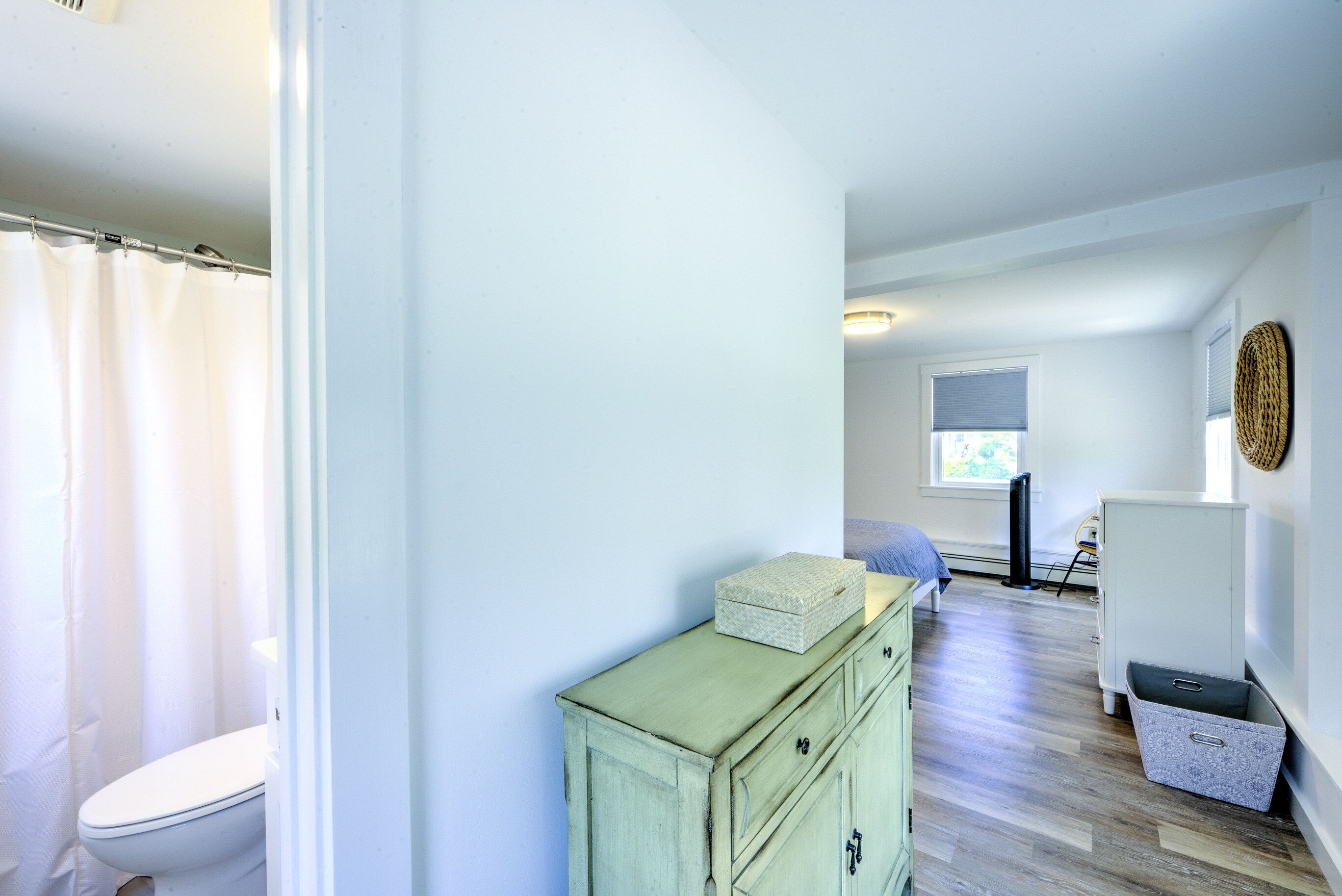 A bathroom with a toilet, a shower curtain, and a green dresser with drawers.