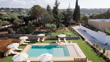 Seasonal outdoor pool, pool umbrellas, sun loungers
