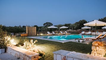 Seasonal outdoor pool, pool umbrellas, pool loungers