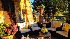 Un espace extérieur aménagé avec des canapés en osier, une table basse en bois et des plantes en pot.