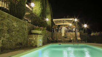 Una piscina al aire libre de temporada, sombrillas