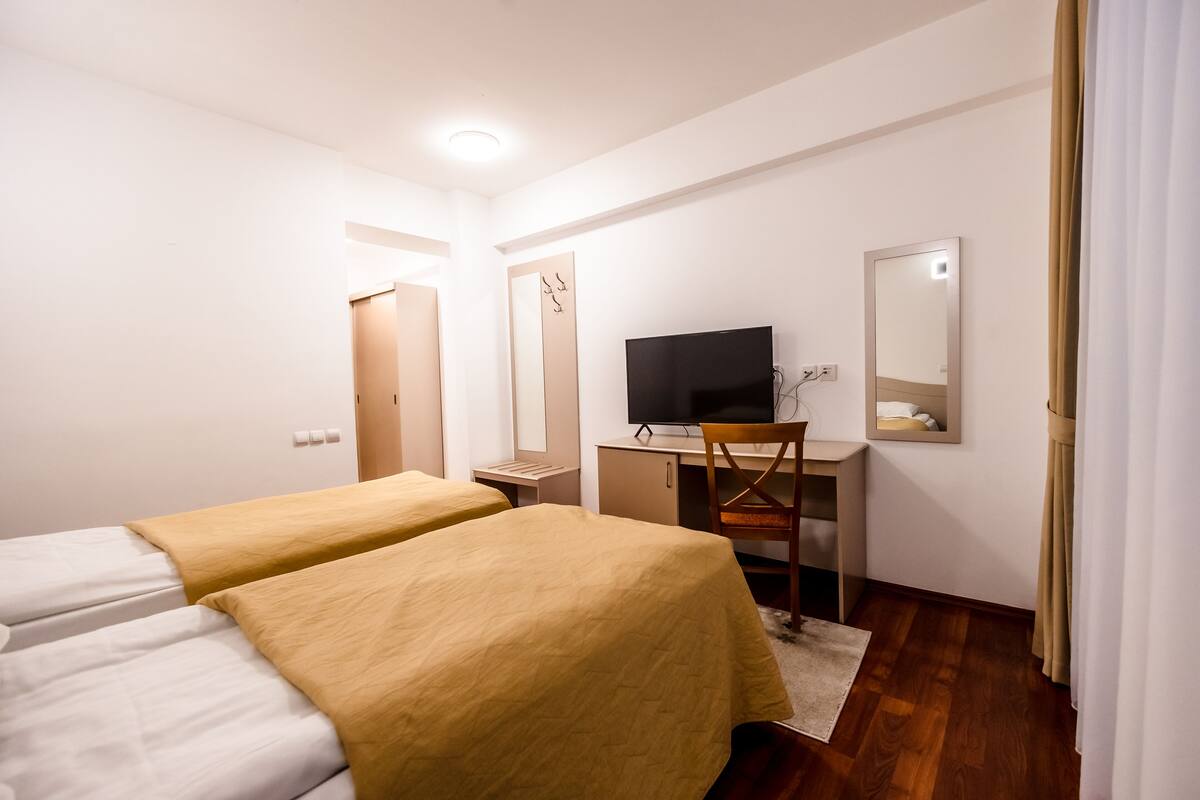 Une chambre d’hôtel avec deux lits, un bureau avec une télévision, une chaise et un miroir.