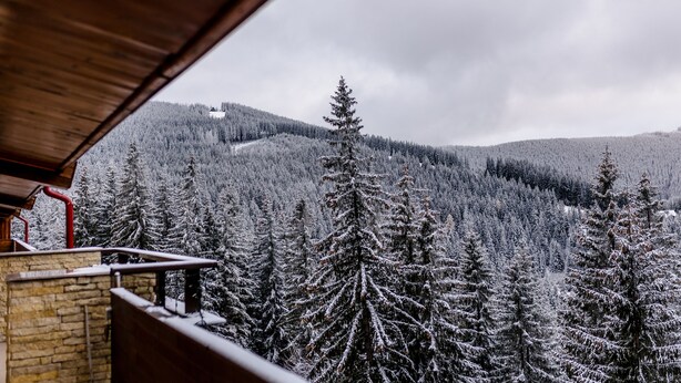 A view from a balcony overlooking a forested mountain area with snow-covered trees. - Hotel Cindrel (Sibiu)