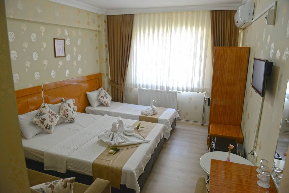 Habitación de hotel con dos camas, un armario de madera, un televisor y una mesita con un florero.