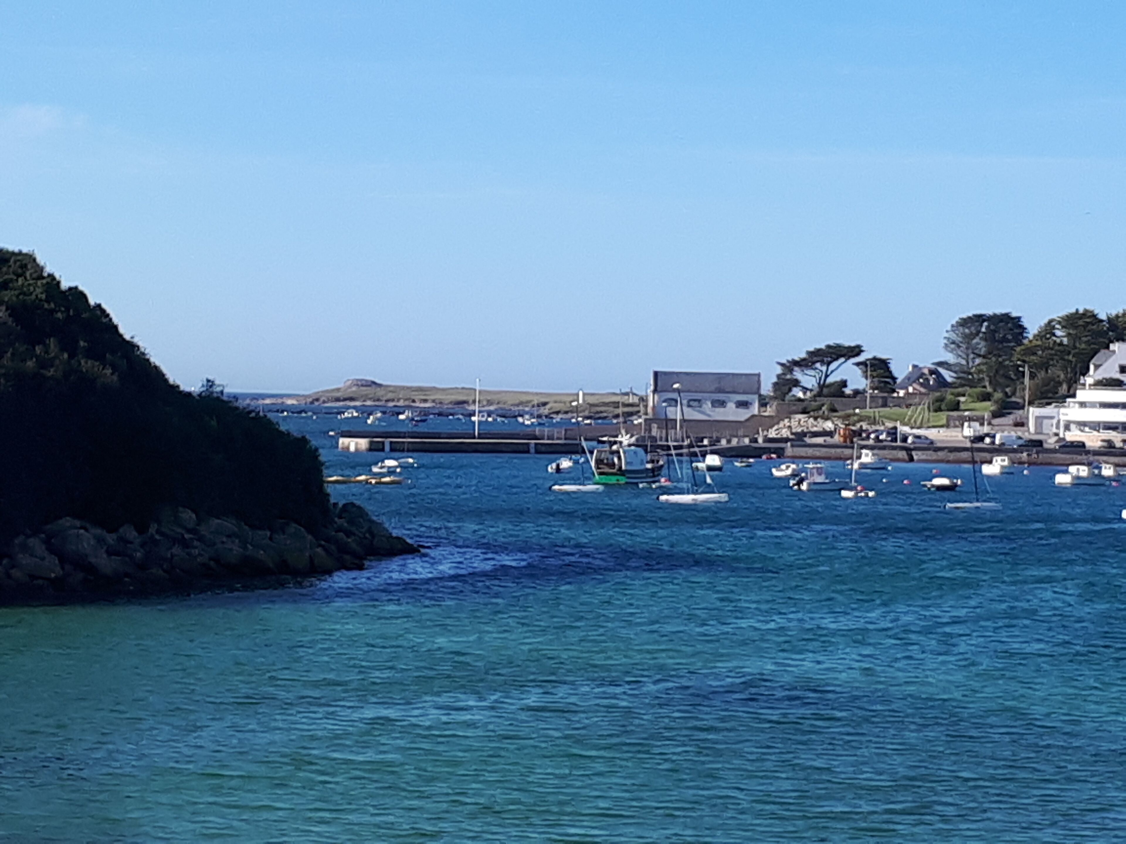 Uma marina costeira com barcos atracados, um cais que se estende para a água e edifícios ao longo da costa.