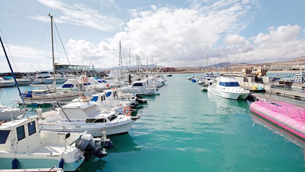 Ein Yachthafen mit mehreren vor Anker liegenden Booten, darunter ein Boot mit Glasboden, und ein Gebäude im Hintergrund.