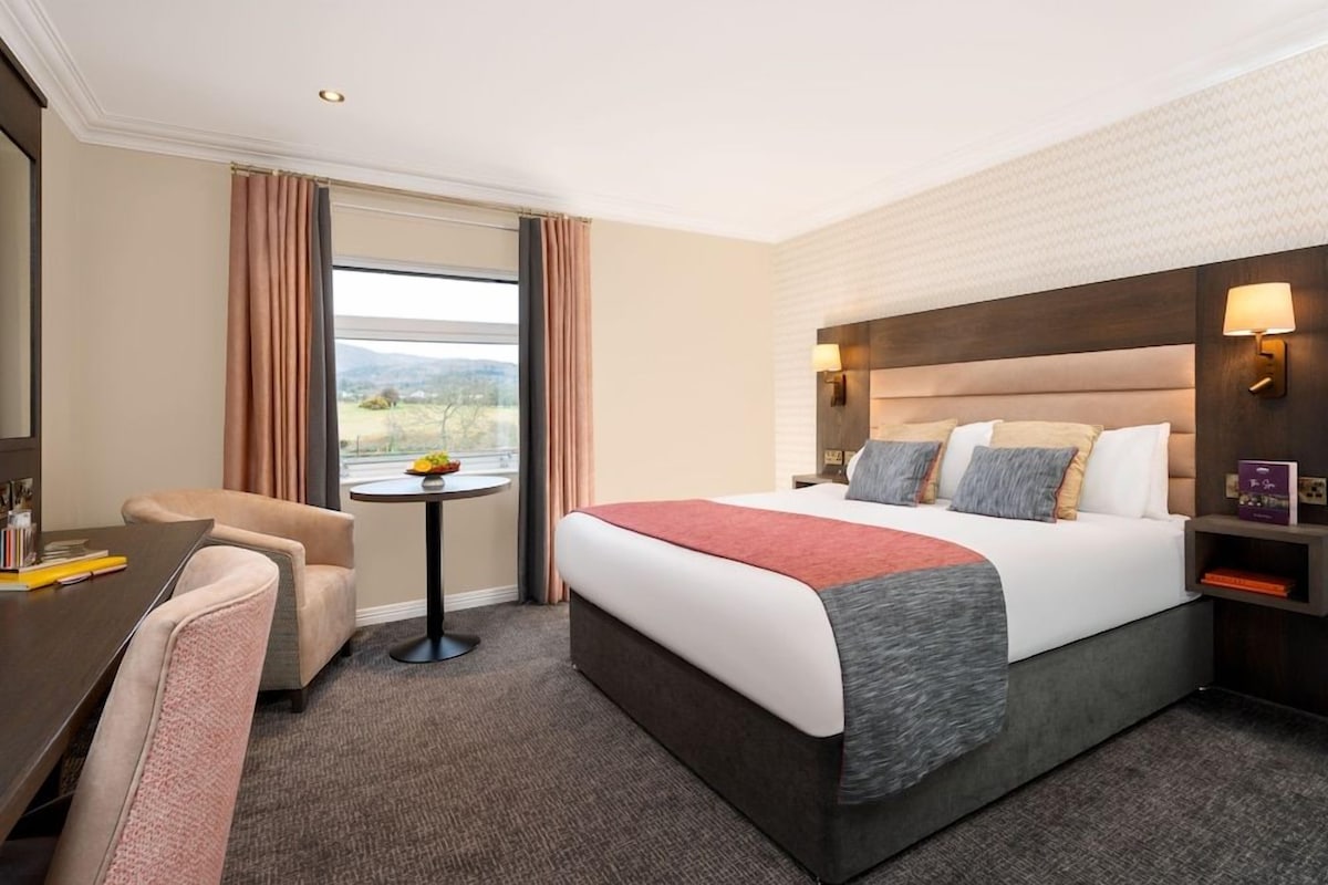 A hotel room with a large bed, a desk, a chair, a small table with a fruit bowl, and a view of the outdoors.