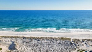 A beach with a clear view of the ocean, a sandy shore, and some vegetation in the foreground. - Stunning Waterfront Home w/ Private Saltwater Pool & beautiful Tiki Bar! (Pensacola Beach)