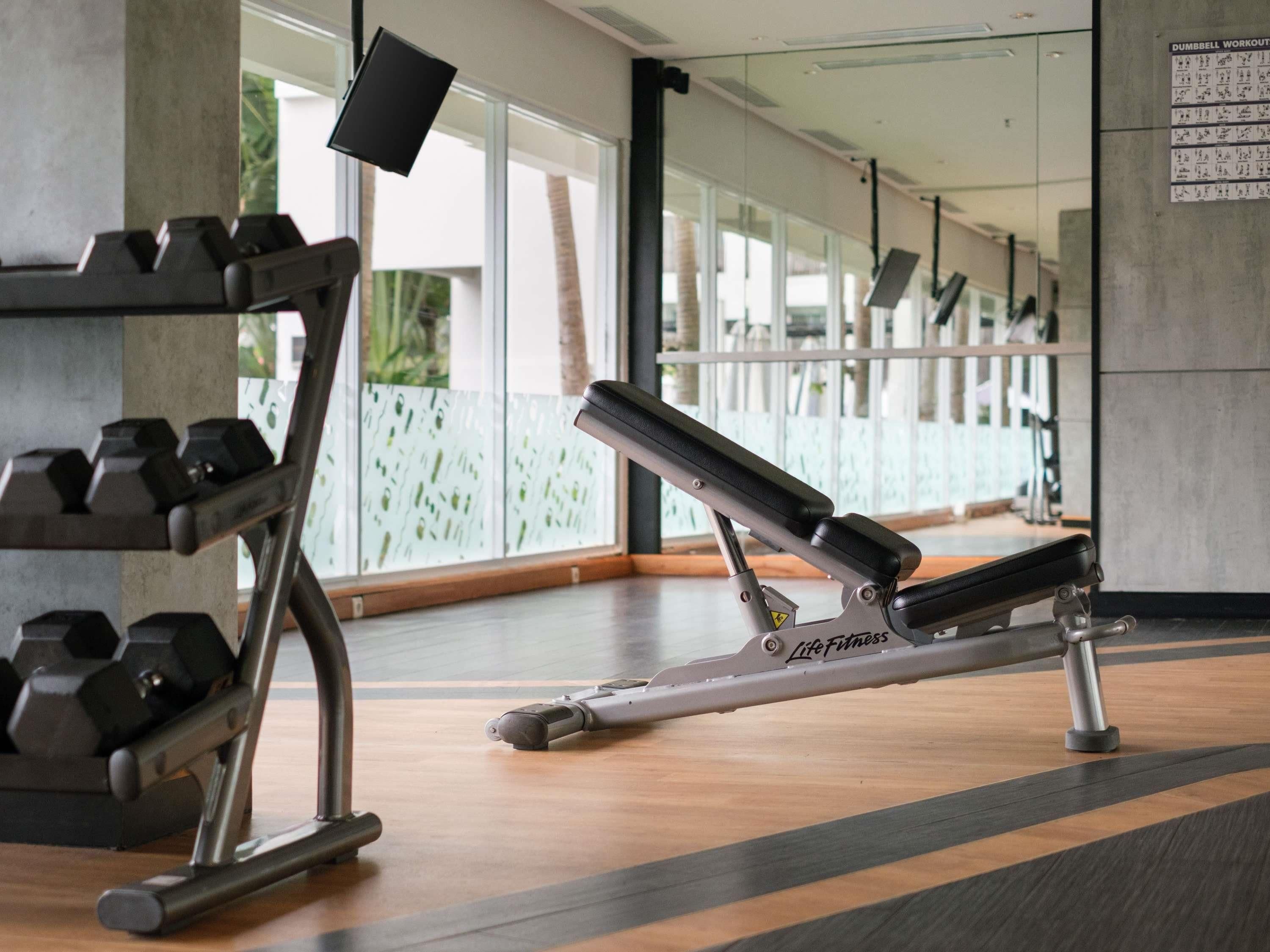 A gym with weightlifting equipment, a bench, and a mirrored wall.