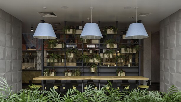 A modern indoor space with a long wooden table, black chairs, and three large white pendant lights. Shelves with plants and decorative items are visible in the background. - Adagio Kyiv Beresteiska (Kyiv)