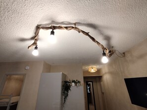 A ceiling with a rustic branch light fixture and a wall-mounted plant.