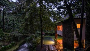 A serene garden with a waterfall, stone pathway, and a building with illuminated windows. - Mystic Mayapott Thekkady (Idukki)