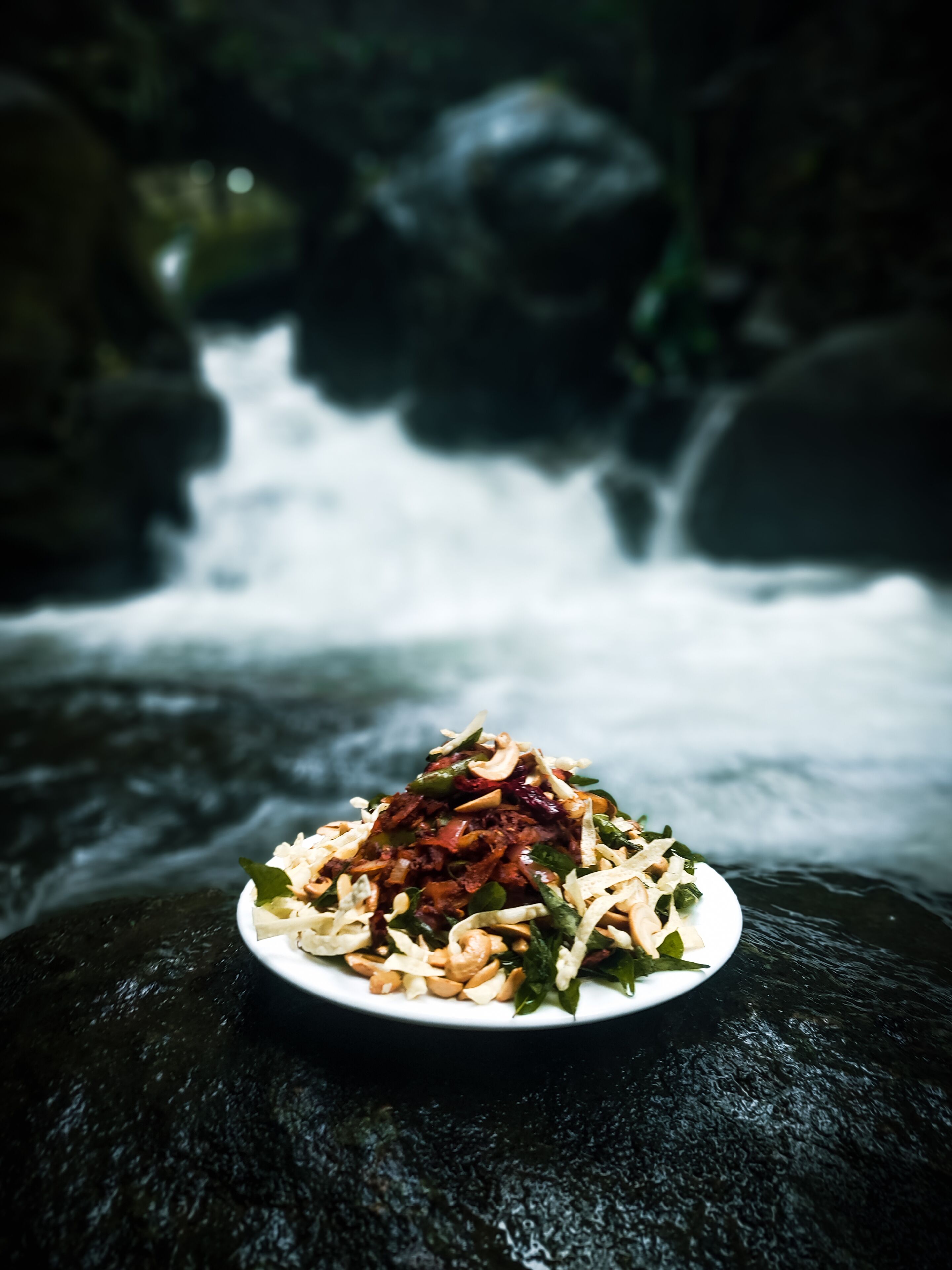 A plate of food on a rock with a waterfall in the background.