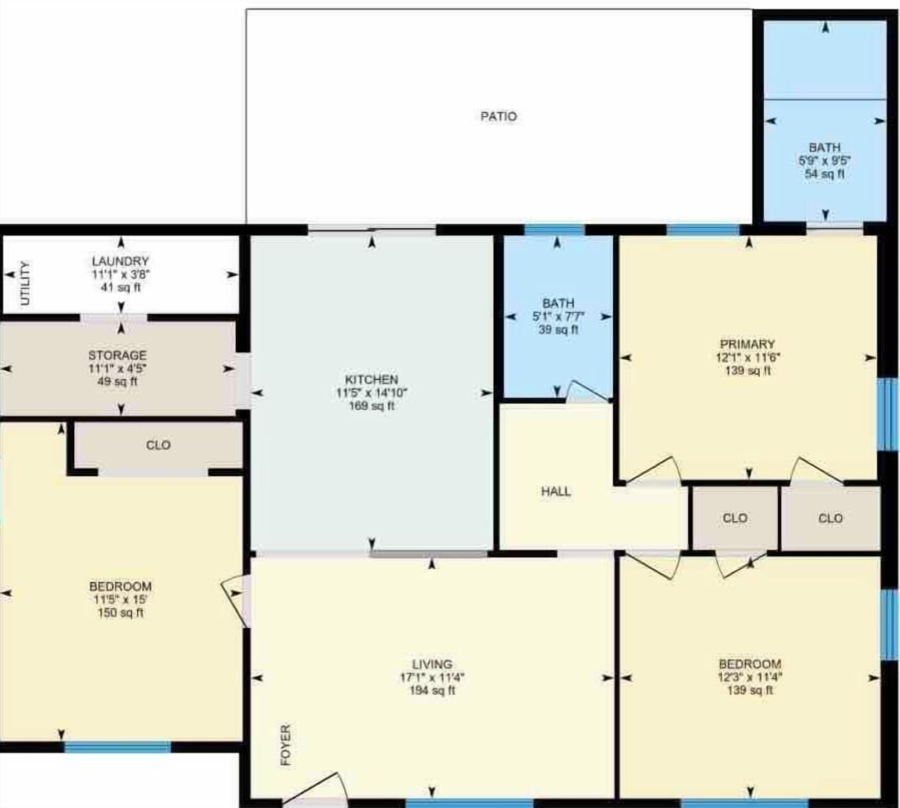 Ein Grundriss mit einer Küche, einem Wohnzimmer, zwei Schlafzimmern, einem Badezimmer, einer Eingangshalle und einer Terrasse.