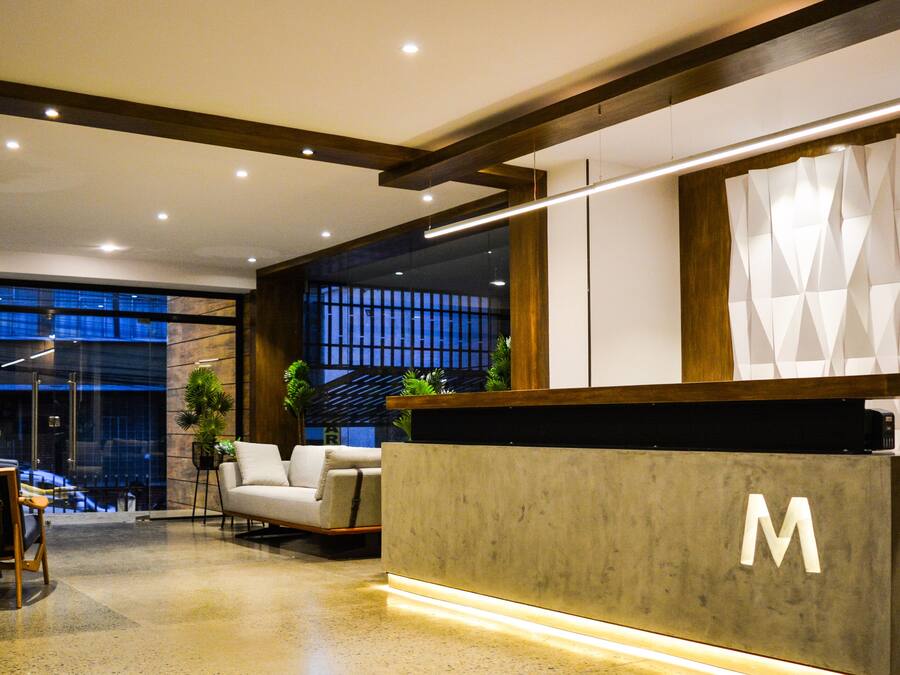 Un área de recepción moderna con un mostrador de concreto, un sofá y plantas en macetas.