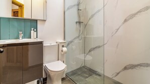 A modern bathroom with a glass-enclosed shower, a toilet, and a vanity with a mirror and countertop.