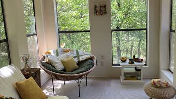 Smart TV, fireplace, books, computer monitors