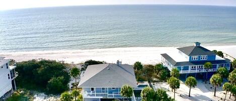 A beachfront property with a large house and a smaller building, surrounded by palm trees and a sandy beach.