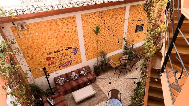 A cozy outdoor seating area with a sofa, chairs, and a small table, surrounded by potted plants and a decorative wall with a floral pattern. - Eco Bunnu Inn (Cusco)