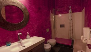 Shower, hair dryer, bidet, towels