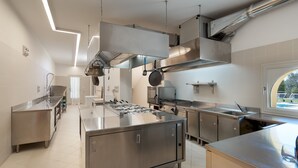Une cuisine moderne dotée d’appareils électroménagers en acier inoxydable, d’un grand îlot central et offrant une vue sur l’extérieur grâce à une fenêtre.