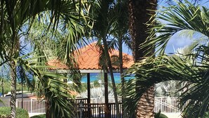 A view of a building with a red roof, surrounded by palm trees and a white fence. - Oasis -1 Studio Condo -Tropical Views -Wifi hot tub & Pool. 10min walk to beach. (TURTLE COVE)