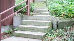 A wooden cabin with a concrete staircase leading up to a metal railing, surrounded by dense green foliage. - Big Glen Lake - Beechwood Cottage (Glen Arbor)