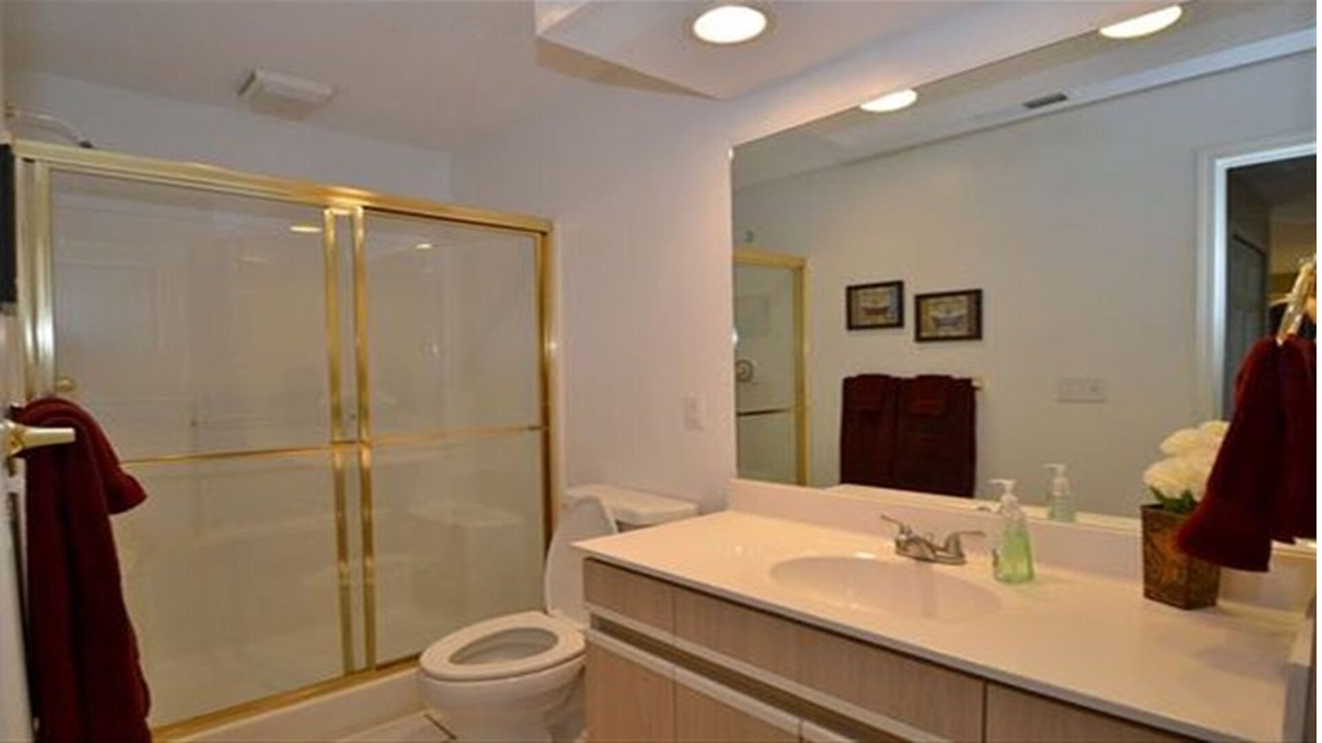 A bathroom with a glass-enclosed shower, a toilet, and a sink with a mirror above it.