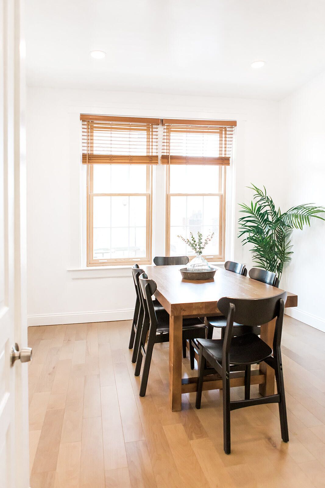 Un comedor con una mesa y sillas de madera, una planta en maceta y una ventana con persianas.