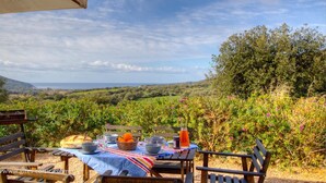 An outdoor dining setup with a table set for two, overlooking a vineyard and distant hills. - Apartment in the maquis facing the sea, 5mm from the beach and shops (Cargèse)