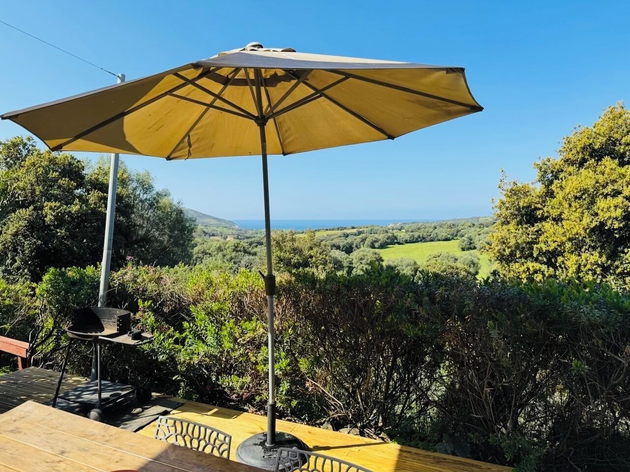 Een terras met tafel en barbecue, omgeven door weelderige begroeiing en vrij uitzicht op het landschap.