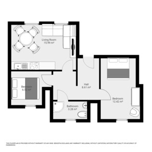 A floor plan with a living room (15.99 m²), a hall (8.61 m²), two bedrooms (6.52 m² and 12.42 m²), and a bathroom (3.28 m²).